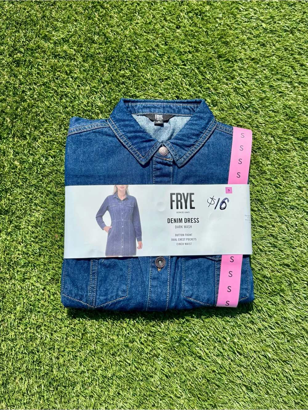 NWT Frye Women’s Denim Long Sleeve Dress Dark Wash S Button-Front Cinch Waist